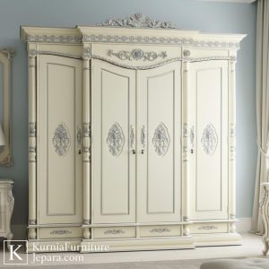 Lemari pakaian mewah modern klasik ukir warna putih dengan desain megah