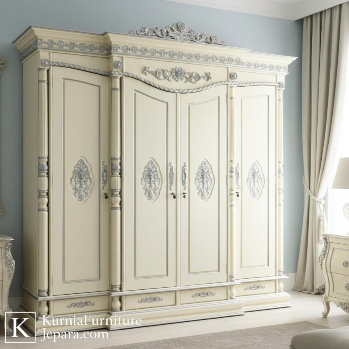 Memukau Lemari Pakaian Mewah Modern Klasik Ukir Putih Nuansa Istana 4 Memukau Lemari Pakaian Mewah Modern Klasik Ukir Putih Nuansa Istana - Image 2