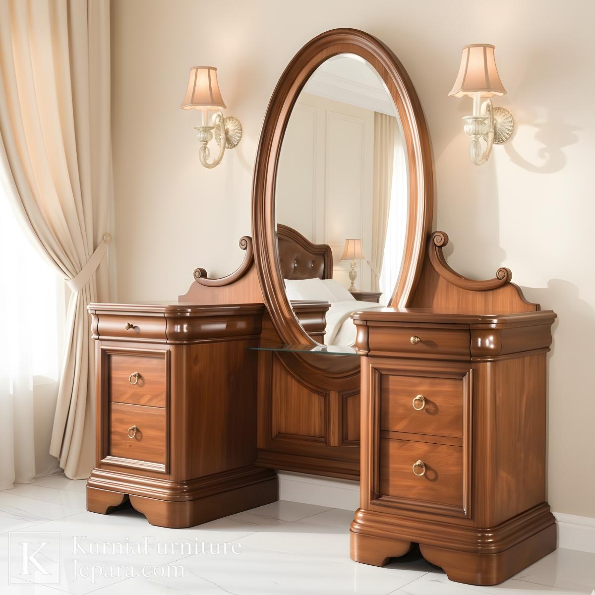 Noble Meja Rias Jati Jepara Klasik dengan Cermin Oval & Laci Simetris Elegan 4 Noble Meja Rias Jati Jepara Klasik dengan Cermin Oval & Laci Simetris Elegan - Image 2