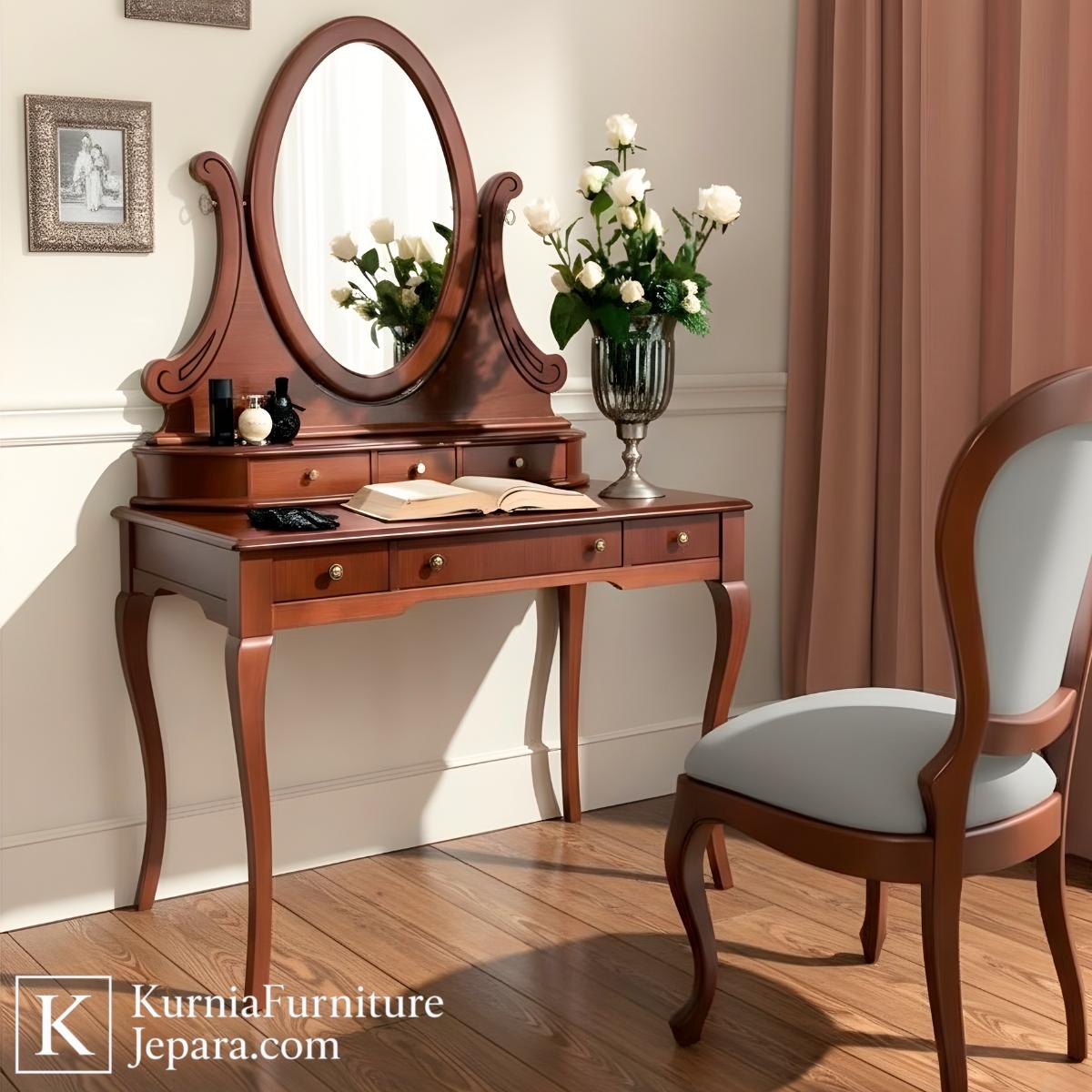 Heritage Meja Rias Jati Antik Jepara dengan Cermin Oval Klasik & Laci Multifungsi 3 Meja rias jati antik Jepara dengan cermin oval dan laci kayu solid