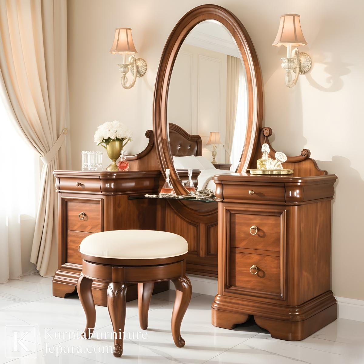 Noble Meja Rias Jati Jepara Klasik dengan Cermin Oval & Laci Simetris Elegan 3 Meja rias jati Jepara klasik dengan cermin oval dan laci kayu solid