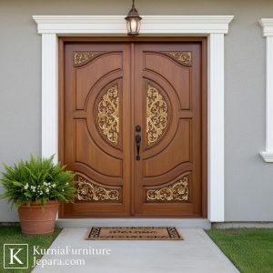 Pintu kusen jati ukir elegan dengan desain naturalistik dan detail ukiran mewah untuk pintu utama rumah
