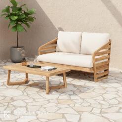 set kursi meja outdoor kayu dengan sofa dua dudukan dan meja taman