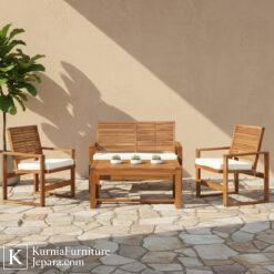 kursi set outdoor kayu jati lengkap dengan sofa dan meja