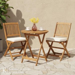 kursi set outdoor kayu dengan dua kursi dan meja bulat