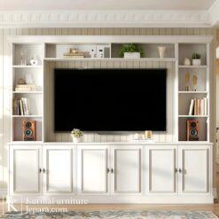 rak minimalis tv kabinet putih dengan rak display dan panel dinding