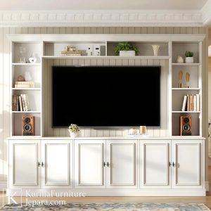 rak minimalis tv kabinet putih dengan rak display dan panel dinding