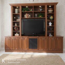 Rak TV dari kayu jati dengan kabinet bawah dan rak display atas
