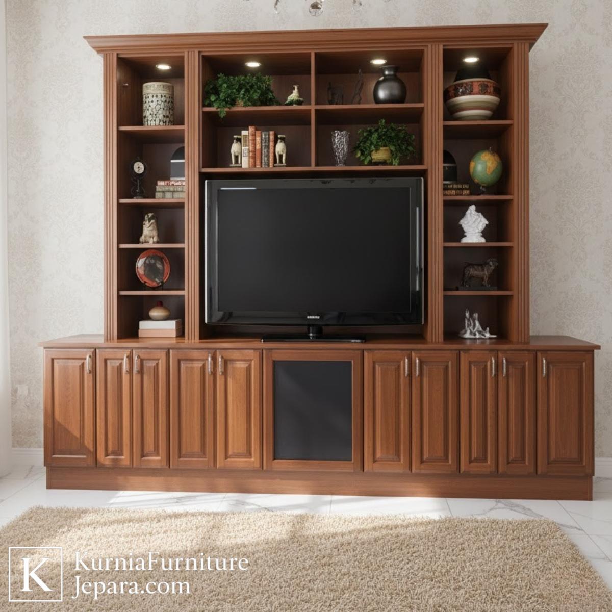Majestic Rak TV dari Kayu Jati dengan Kabinet Besar & Rak Display Elegan 3 Rak TV dari kayu jati dengan kabinet bawah dan rak display atas
