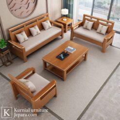 Kursi tamu jati mewah minimalis solid dengan bantalan empuk dan meja tamu kayu jati
