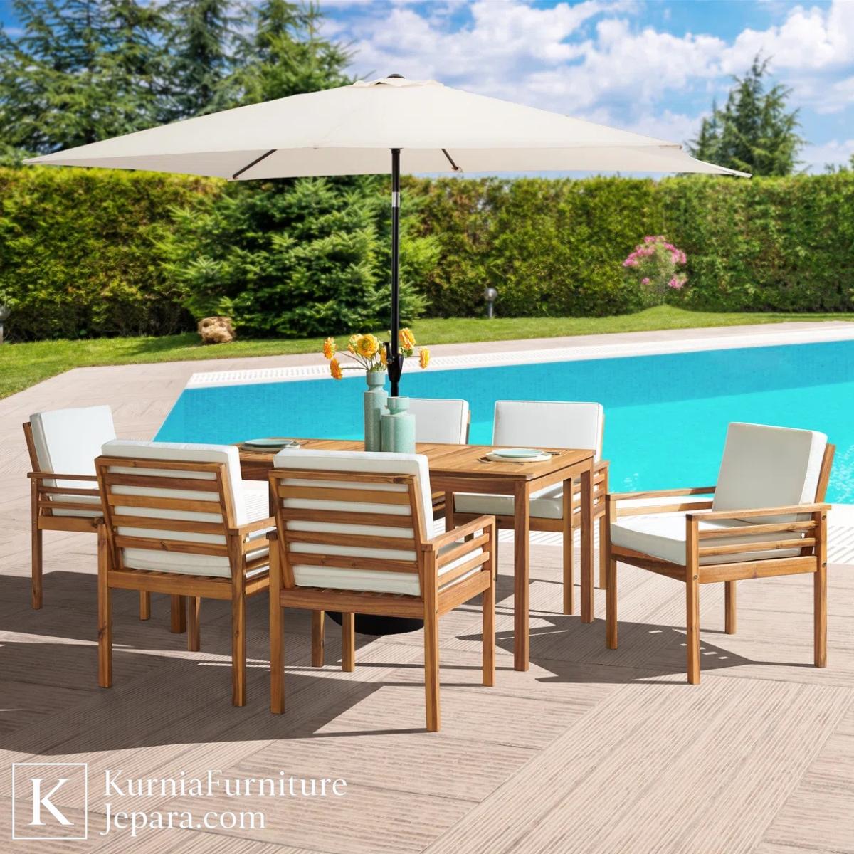 Anggun Meja Payung Outdoor Kayu Jati Set Kursi Empuk untuk Taman, Kolam Renang & Teras Resort 3 meja payung outdoor kayu jati set kursi empuk di tepi kolam renang
