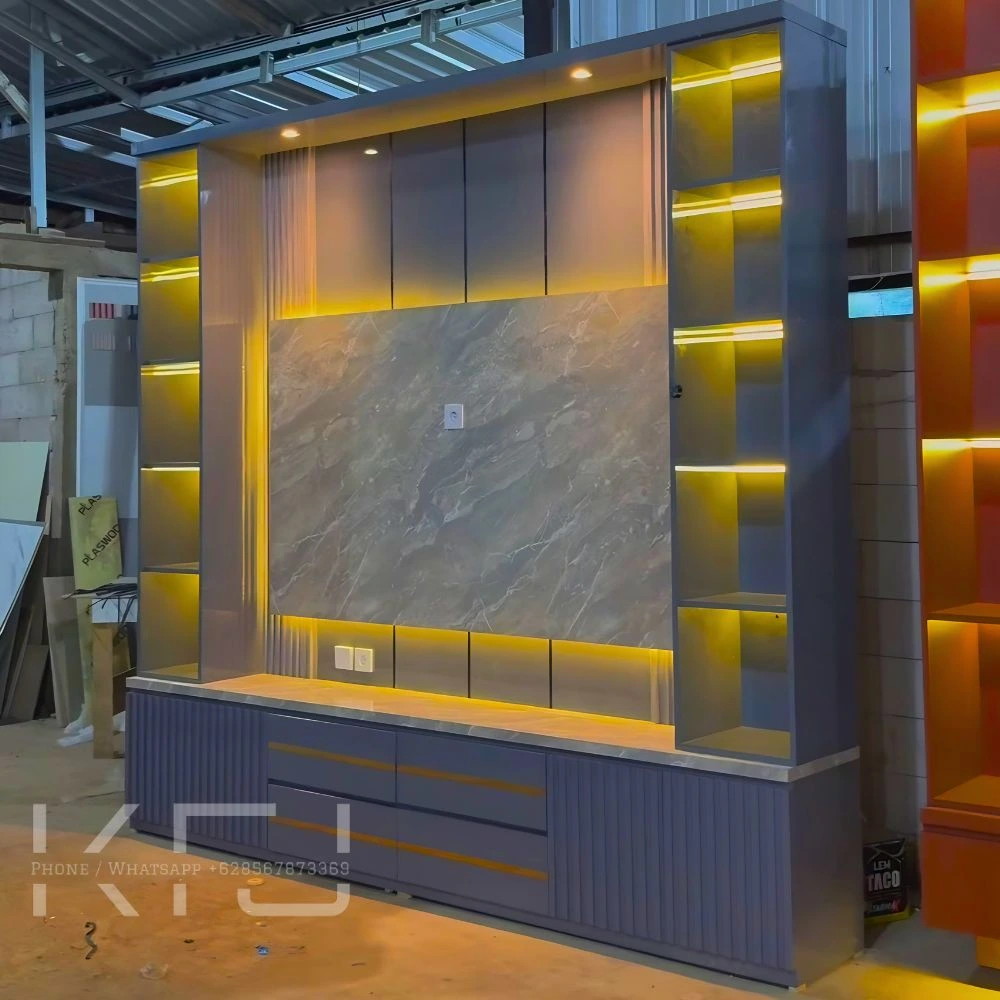 Backdrop TV Minimalis HPL Modern Custom Mewah 4 Backdrop TV HPL minimalis modern dengan lemari TV dan rak display