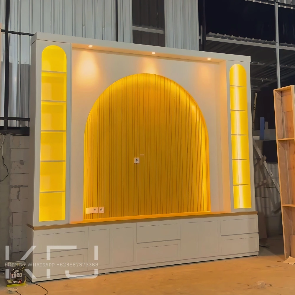Backdrop TV HPL Mewah Minimalis Modern Custom 3 Backdrop TV HPL modern mewah custom dengan lemari TV minimalis