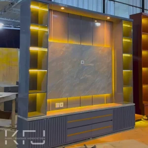 Backdrop TV Minimalis HPL Modern Custom Mewah 7 Backdrop TV minimalis HPL mewah desain modern untuk ruang keluarga