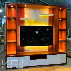 Lemari TV modern custom dengan rak display minimalis