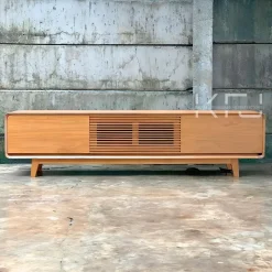 Meja TV kayu jati minimalis modern model rounded dengan kabinet sliding