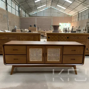Model rak TV terbaru minimalis kayu jati rotan Jepara tampak depan