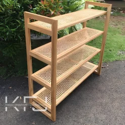 Rak sepatu kayu minimalis terbaru kombinasi rotan natural