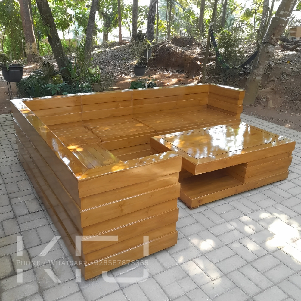 Kursi Sudut Kayu Polos Tanpa Ukir Minimalis Jati Jepara Modern 4 Sofa kayu sudut tanpa ukiran model L finishing natural Jepara