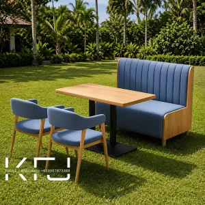 HOME 7 Kursi Cafe Kayu Minimalis Warna Natural Jok Kulit Oscar Biru untuk cafe dan restaurant modern