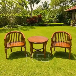 Kursi Teras Minimalis Lengkung Kayu Jati model modern dengan meja bulat