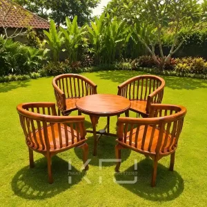 Kursi Teras Minimalis Lengkung Kayu Jati set meja dan 4 kursi untuk taman dan teras rumah