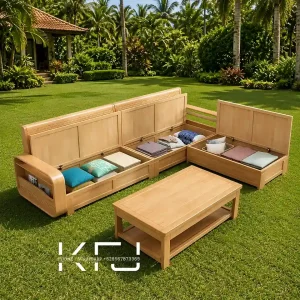 Sofa Sudut Sederhana Multifungsi dengan storage bawah dudukan berbahan kayu jati